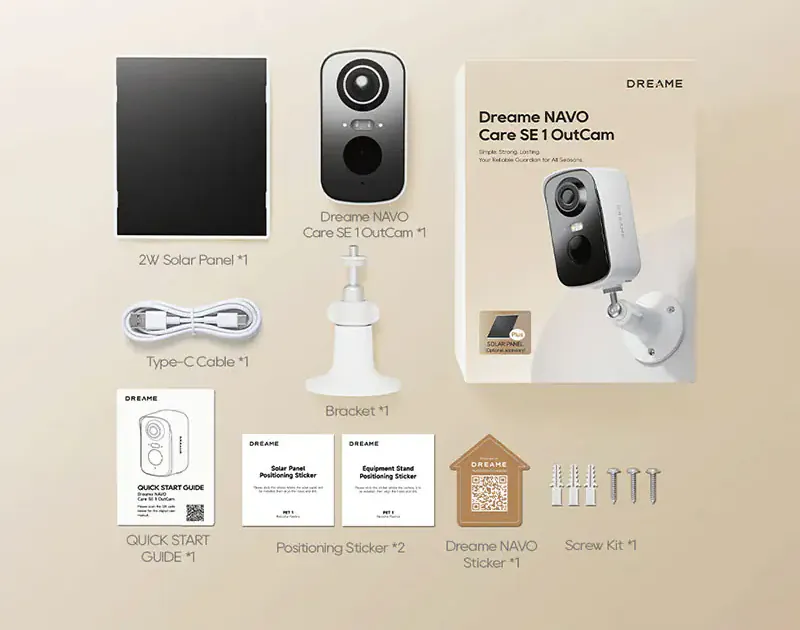 Съдържание на комплекта Care SE 1 OutCam: камера, 2W solar панел, конзола, Type-C кабел, ръководство и винтове
